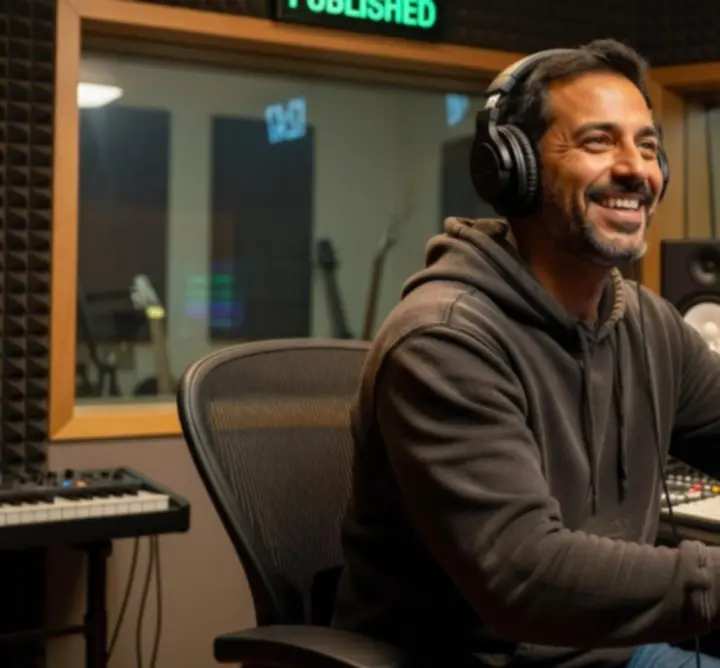 Happy music artist celebrating success in a recording session