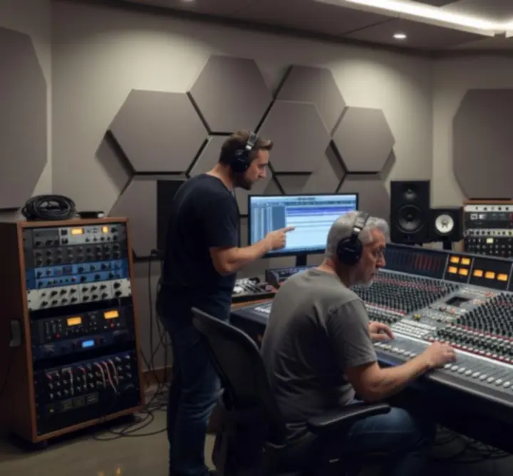 Modern recording session with artists in a professional studio
