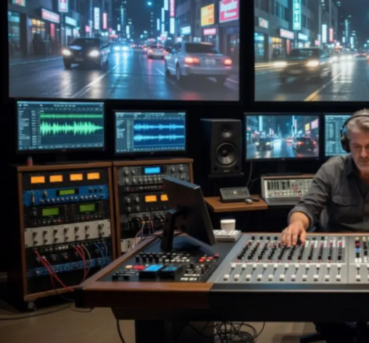 Music producer working on a film score in a studio