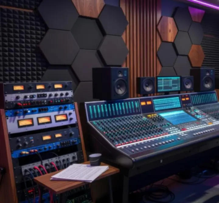 Modern music studio with ambient lighting and professional recording equipment