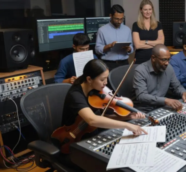 Collaborative music production session at a mixing console