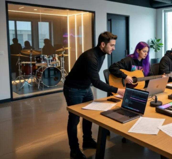Modern music publishing studio environment with contemporary audio equipment