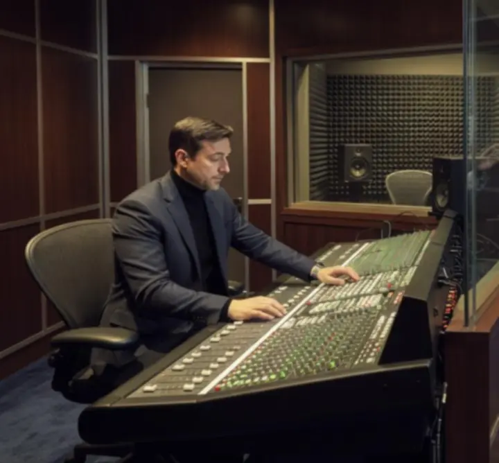 Artist recording vocals in a professional studio environment