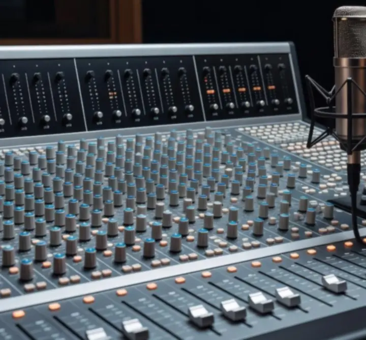 Detail shot of professional studio equipment and mixing console