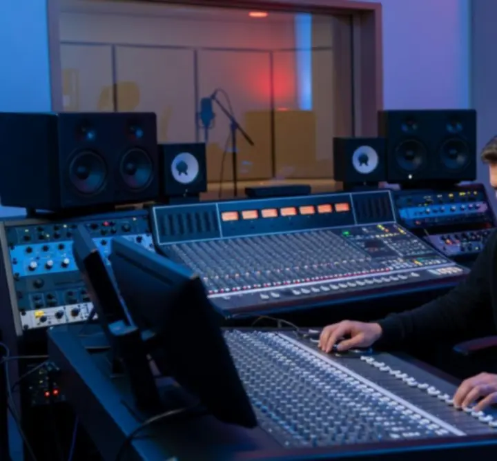 Artist recording vocals in a professional studio session