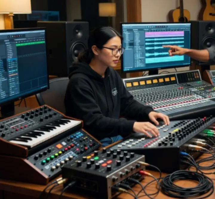 Studio team collaborating in front of audio workstation